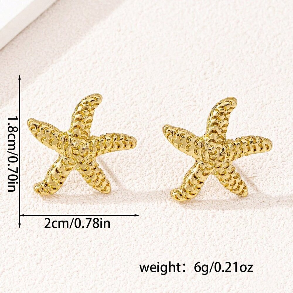 Yellow Gold Boho Women's Geometric Pearl & Starfish Stud Earrings - Picture 5 of 5